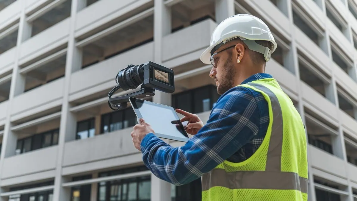 Diagnostiqueur avec tablette et appareil de mesure devant un bâtiment