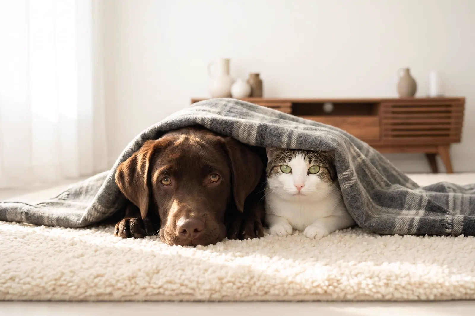 Chien et chat installés ensemble sous une couverture