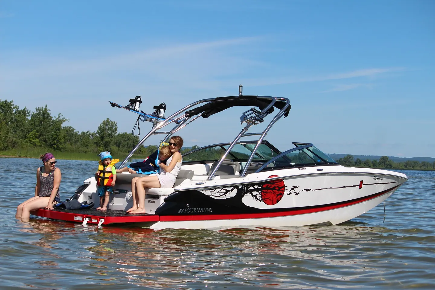 Bateau à moteur familial sur un plan d'eau