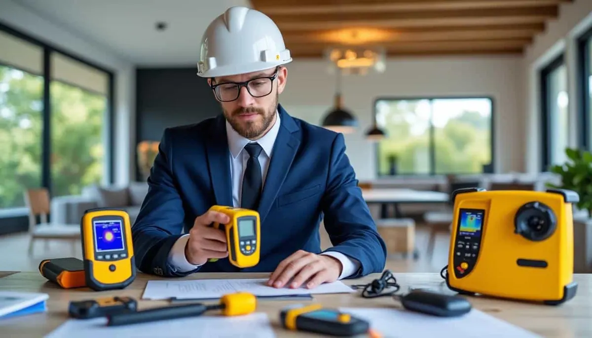 Professionnel du diagnostic immobilier préparant son dossier avec des appareils de mesure